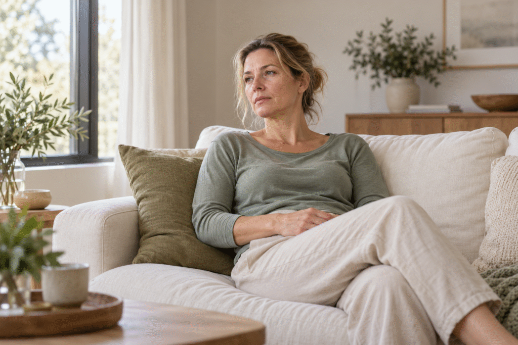 Vrouw op de bank: Vrouw rust op een crèmekleurige bank en kijkt naar buiten.
