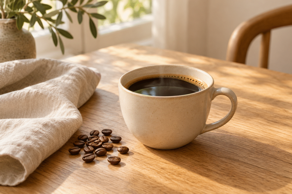 Kop zwarte koffie met koffiebonen op een houten tafel.