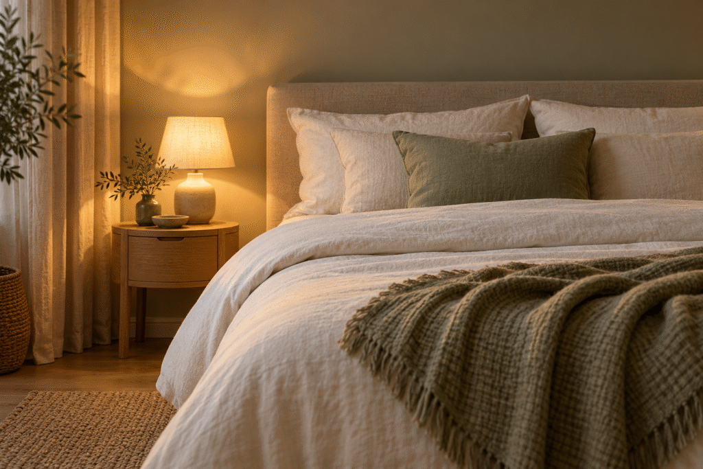 Bed met crèmekleurig beddengoed en een brandend nachtlampje.