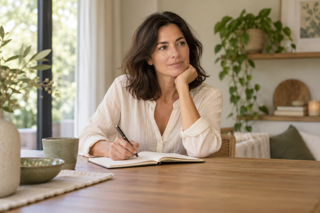 Vrouw zit met een pen en een open notitieboek aan tafel.