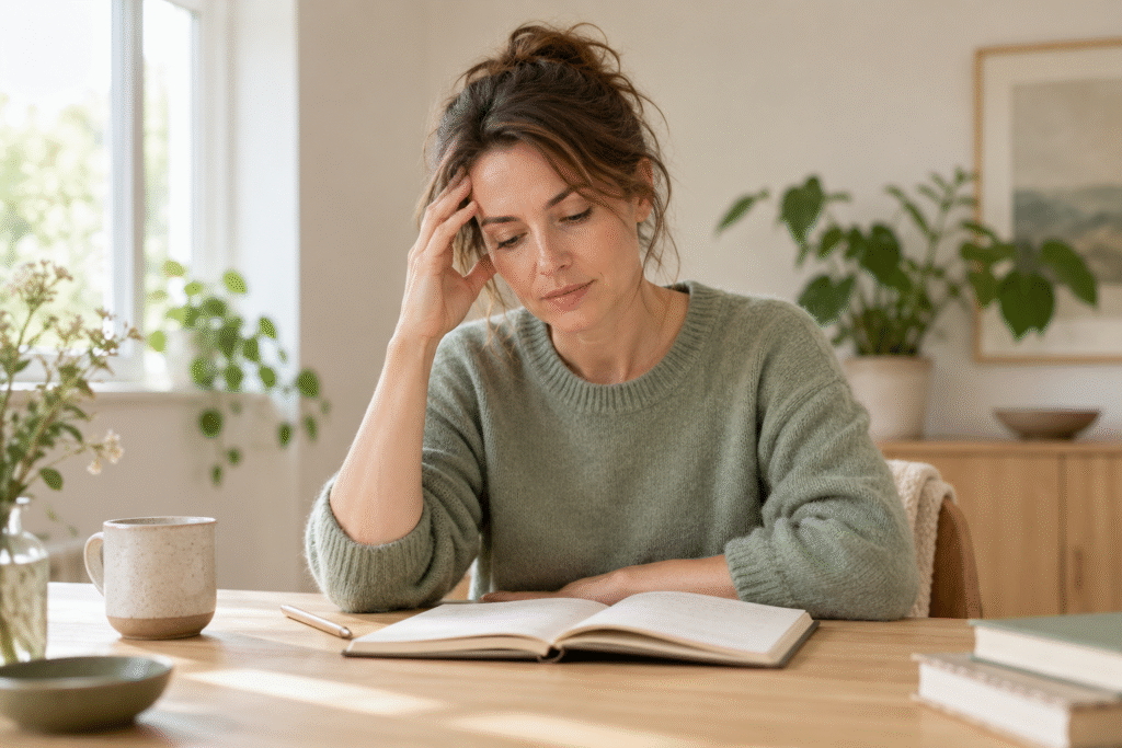 Vrouw kijkt naar een notitieboek met haar hand tegen haar voorhoofd.