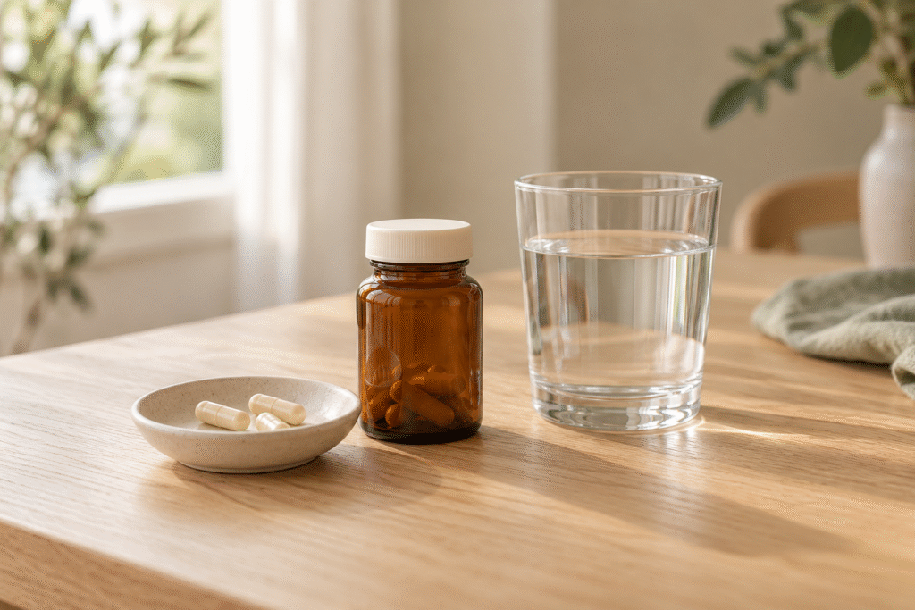 Bruin supplementenpotje met capsules op een schaaltje naast een glas water.