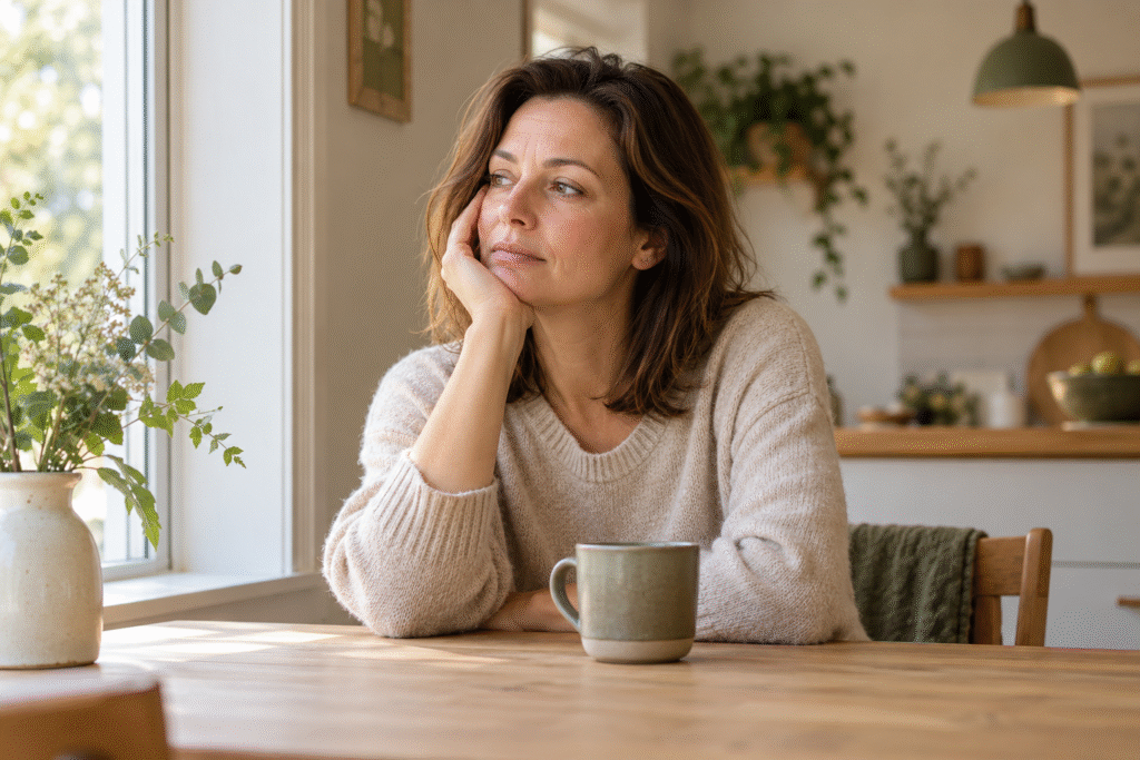 Vrouw zit met haar hoofd op haar hand aan tafel bij het raam.